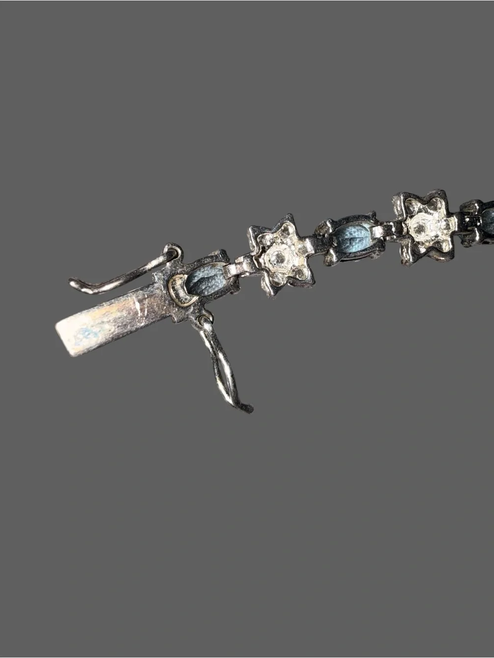 Vintage 925 Sterling Silver Blue Topaz & CZ Tennis Bracelet 7" JJT Floral Design - Picture 5 of 11